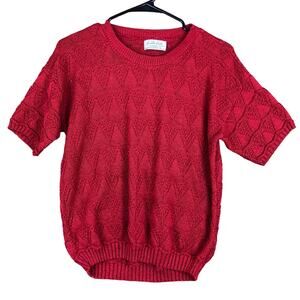 Vintage Cuddle Knit Womens Sweater Red Argyle Half Sleeve Made in USA Stretch